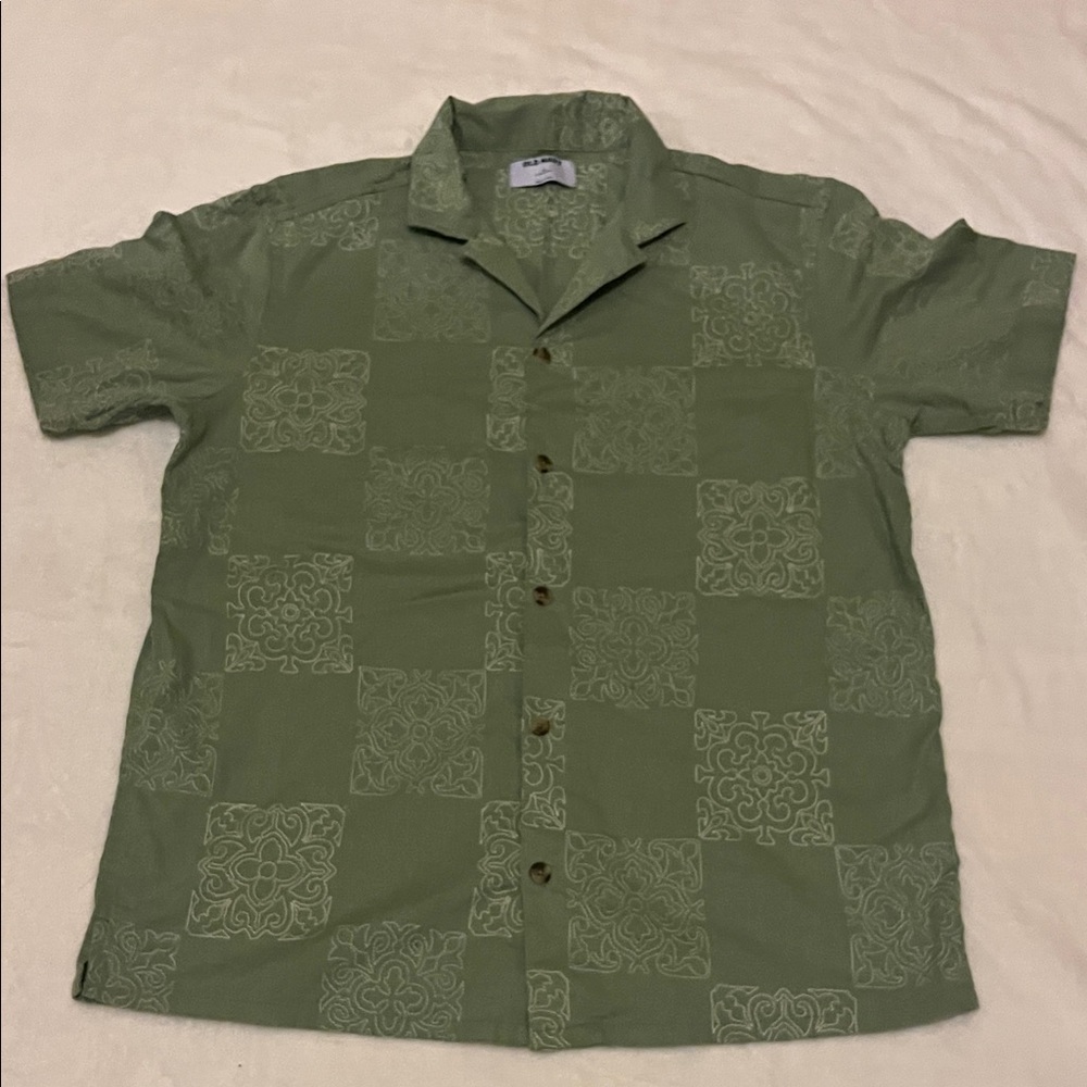 Old Navy Men’s Green Patterned Short Sleeve Linen Shirt
